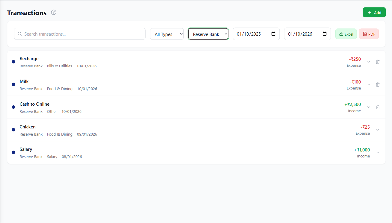 Detailed transaction history view with categories and filtering